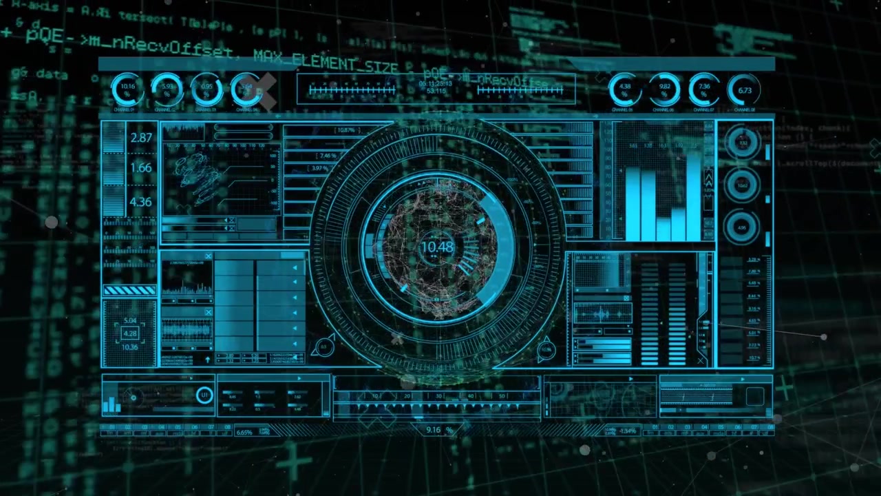 Animation of interface with data processing over globe of network of connections on black background