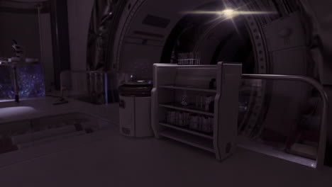 configuración de laboratorio futurista con equipos avanzados y unidades de almacenamiento