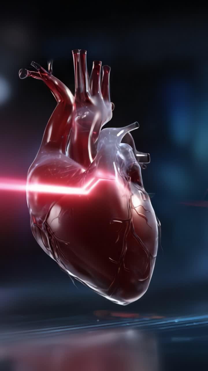 Realistic 3D visualization of a human heart pulsing with a vibrant electric pulse, showcasing its anatomical details and lifelike texture in a dramatic setting