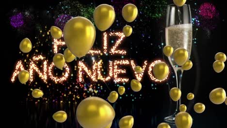 animation of happy new year text, red balloons with fireworks and champagne on black background