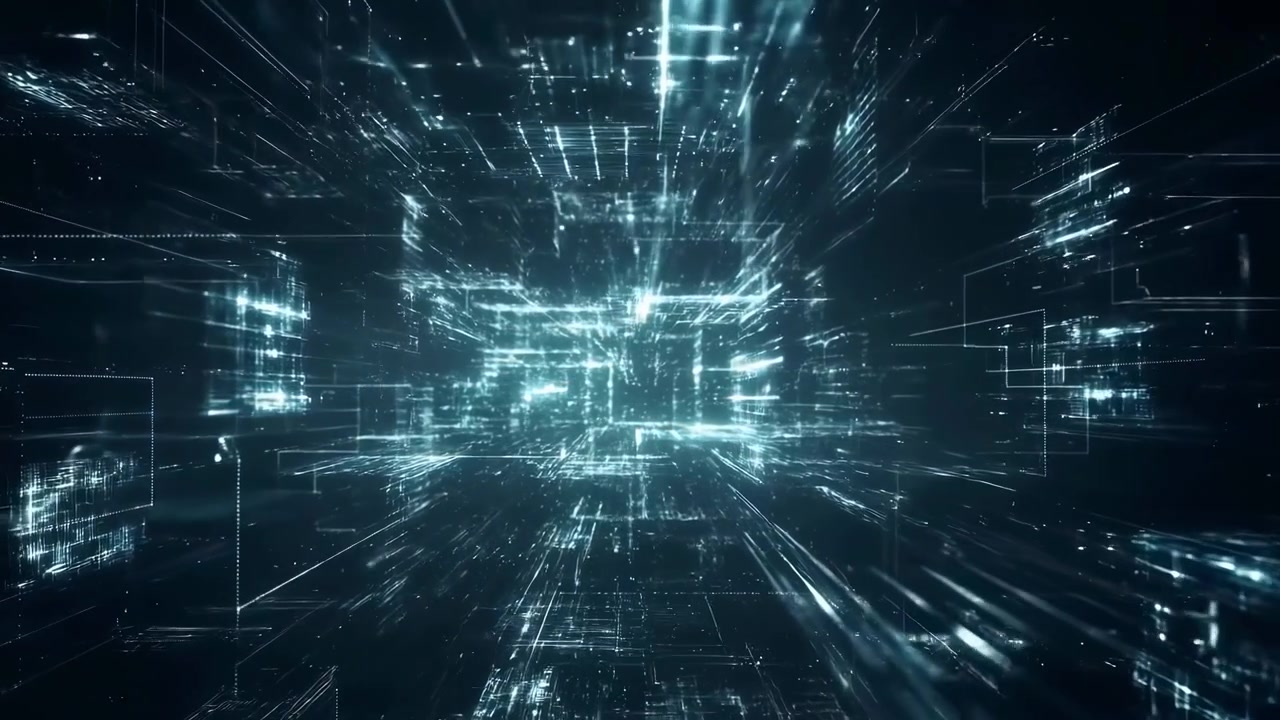Cyber Cyan Data Tunnel Corridor With Glowing Grid And Streaming Nodes, Immersive Matrix Perspective