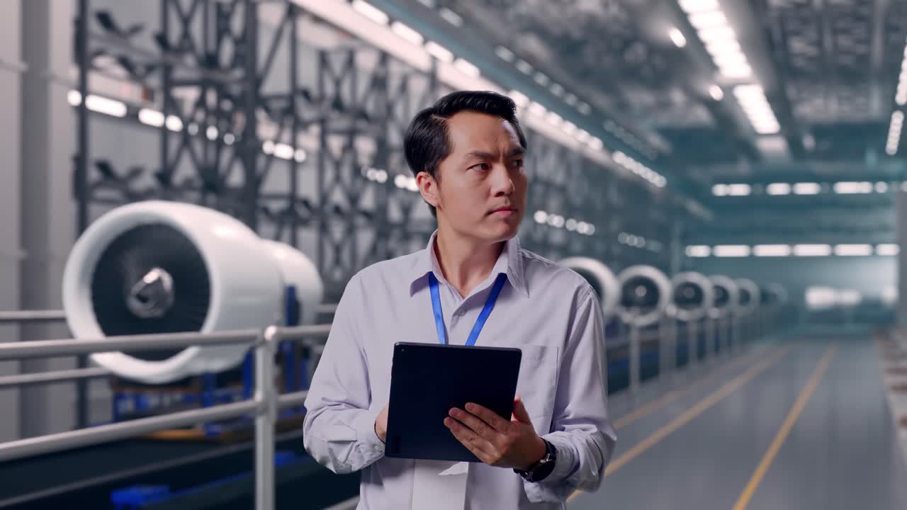 Asian Male Professional Worker Standing With His Tablet, Aircraft Engine Manufacturing and Assembly Line, He Observes By Looking Around Before He Come To Concentrating With His Tablet