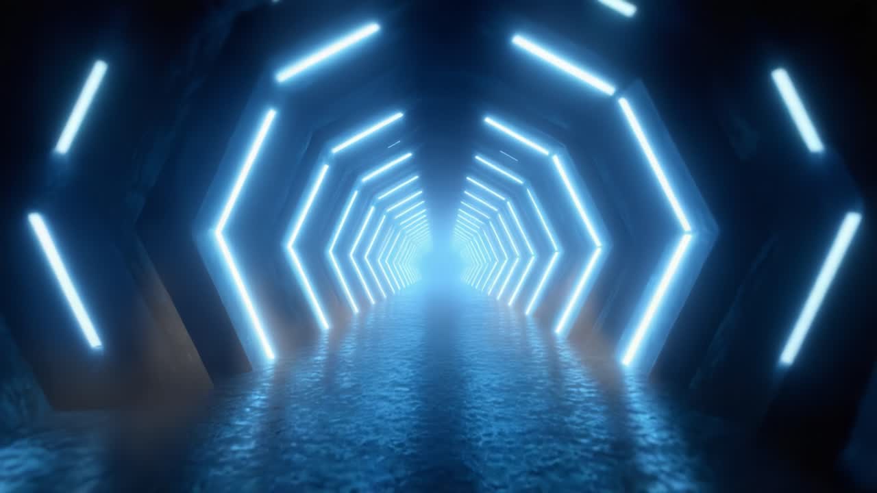 An Ethereal Futuristic Tunnel Illuminated with Neon Blue Lights and Reflections on a Wet Surface, Leading into a Mysterious Brightness Beyond