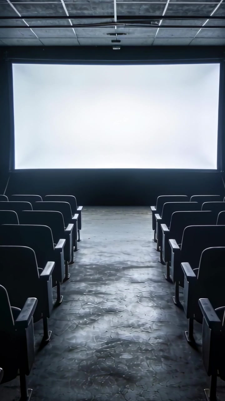Vertical video: Moving camera forward to show blank screen in theater, seats flanking aisle