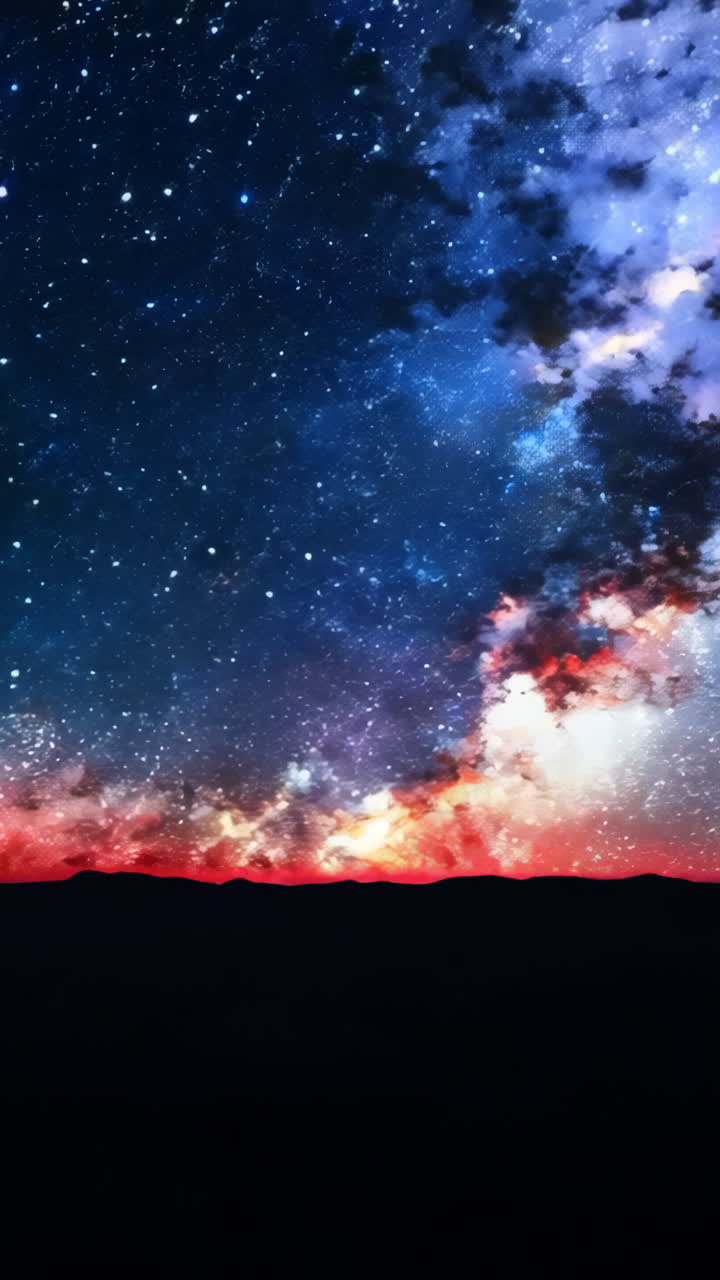 A beautiful night sky with a large orange and blue cloud. The sky is filled with stars and the clouds are glowing with a warm orange hue. The scene is peaceful and serene