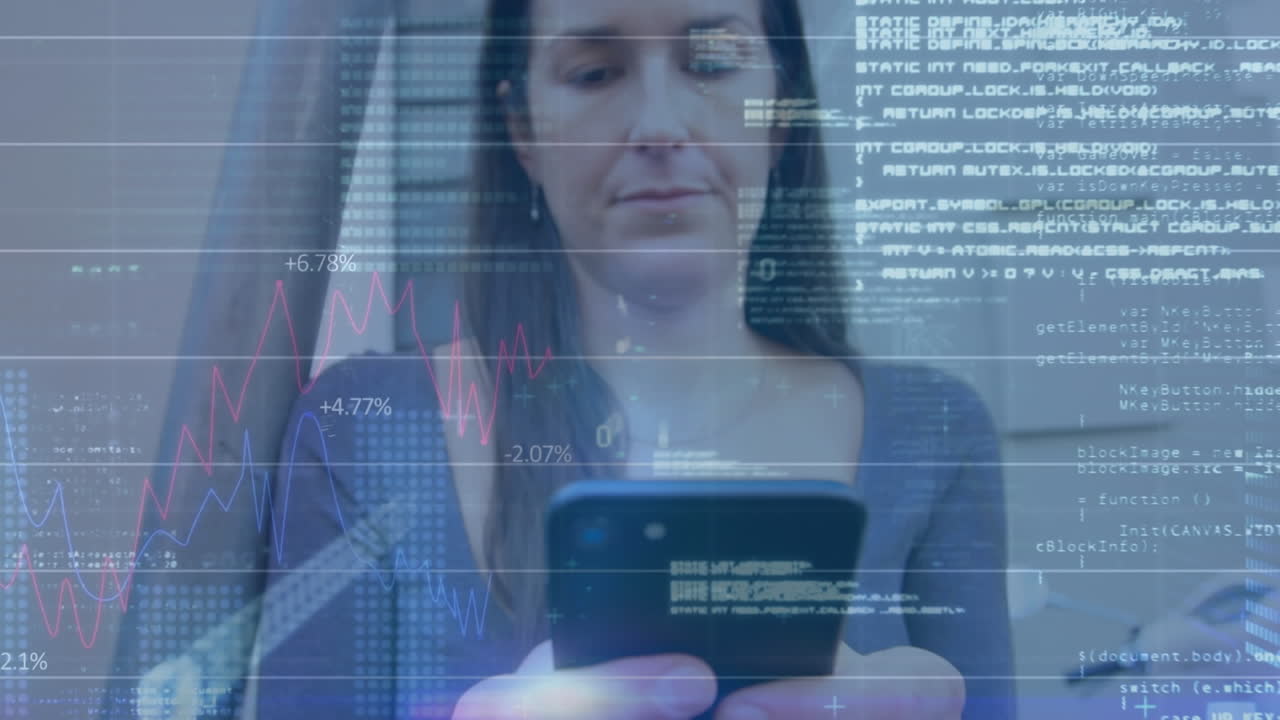 Animation of financial data processing over caucasian woman using smartphone