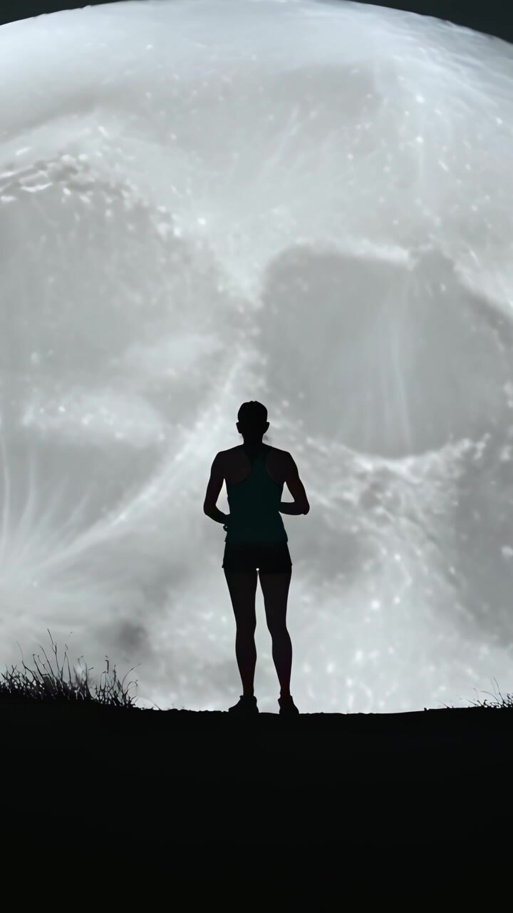 Vertical video: Shifting weight causing runner stepping on grassy ridge under moon, wearing shorts