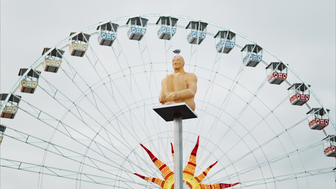 Nice, France - December 8, 2024: Seagull standing on the Conversation a Nice statue by Jaume Plensa at Place Massena with a ferris wheel on the background