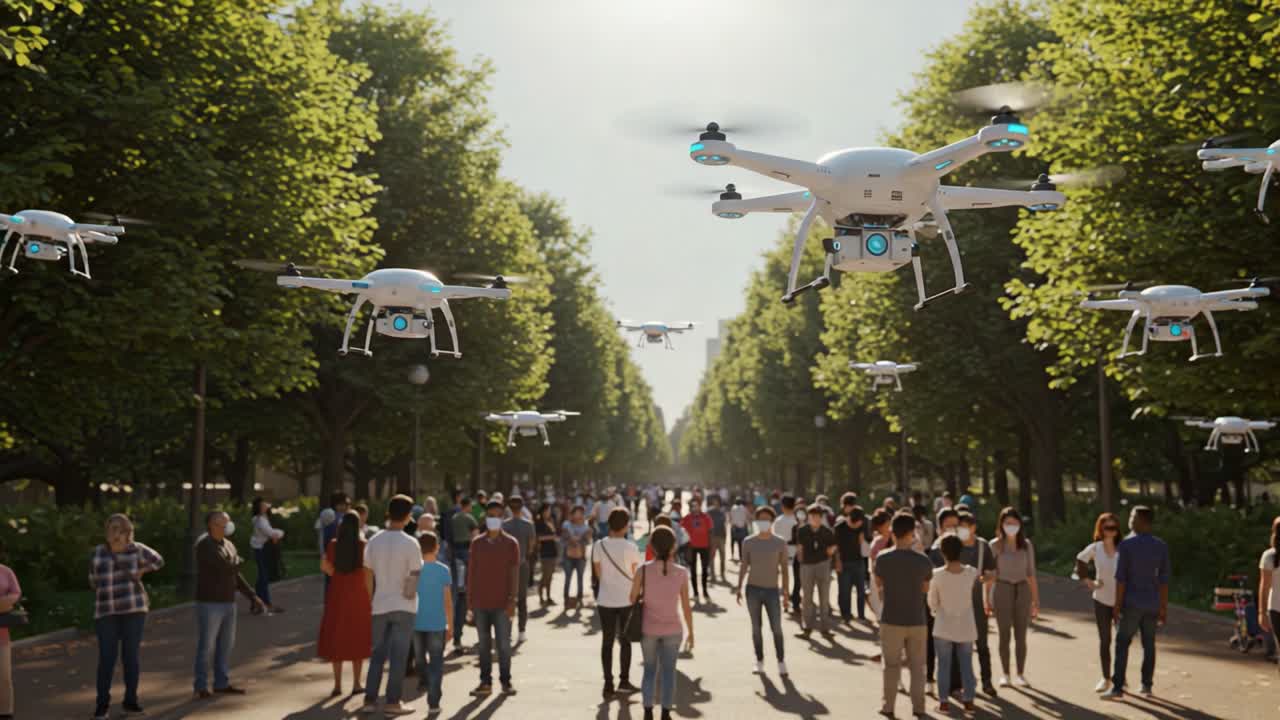 A Futuristic Gathering: A Scene of Drones Overhead Amidst a Vibrant Crowd in a Lush Urban Park, Showcasing the Intersection of Technology and Community