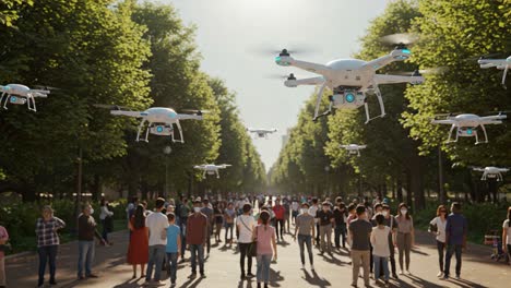a futuristic gathering: a scene of drones overhead amidst a vibrant crowd in a lush urban park, showcasing the intersection of technology and community
