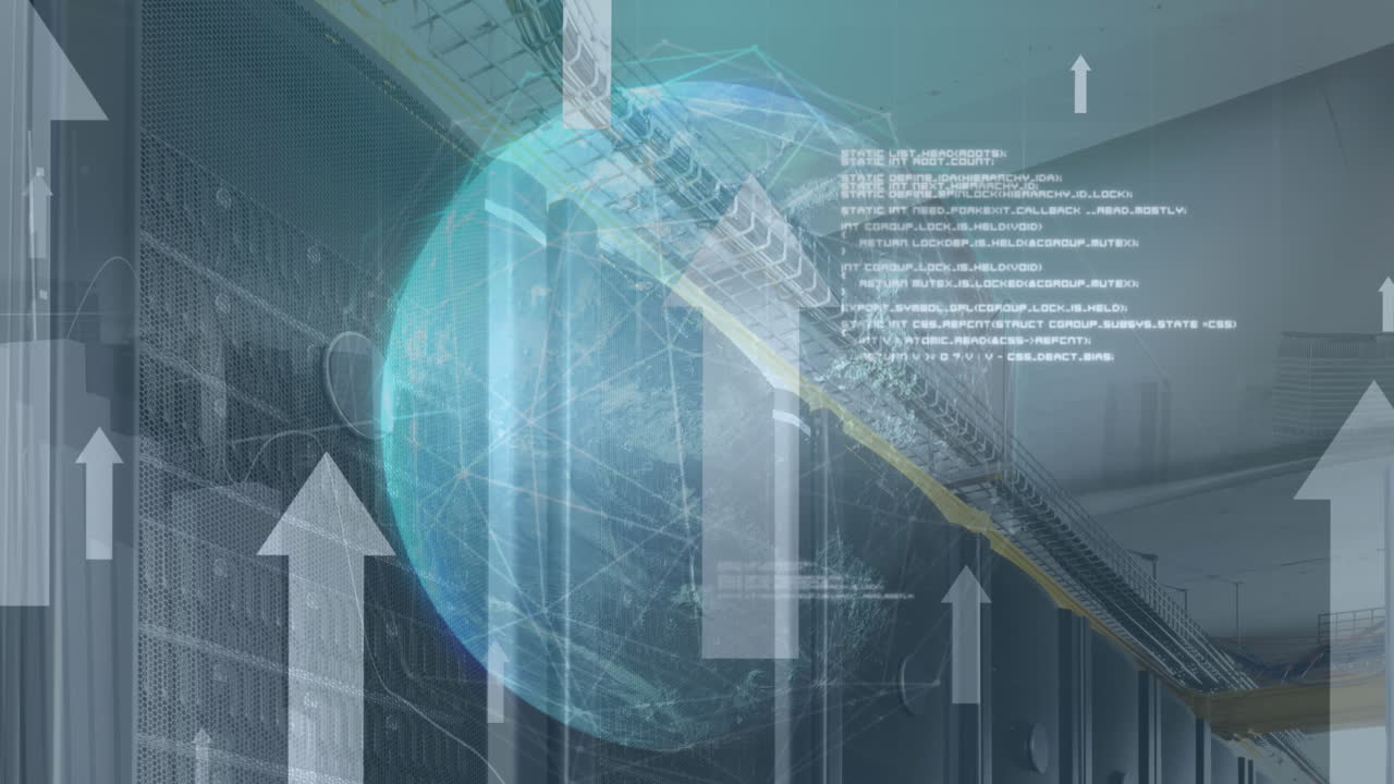 회전하는 지구의 애니메이션, 데이터 처리 및 화살표 아이콘이 서버  ⁇ 에 상향 이동