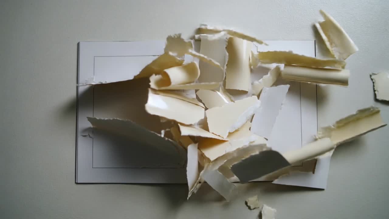 Expanding center tear, bound booklet shedding pages across pale tabletop, printed frames showing