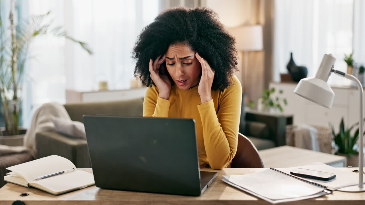 Stressed woman working from home with laptop