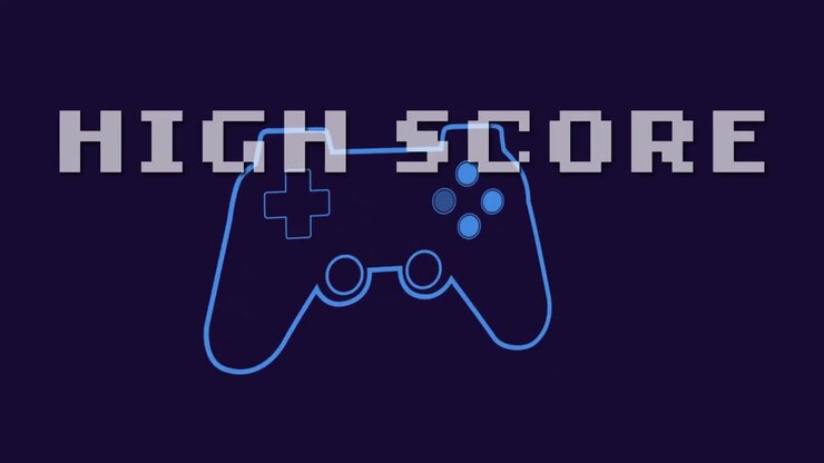 Animazione di un banner di testo con il punteggio più alto sopra l'icona di un controller per videogiochi su sfondo blu.