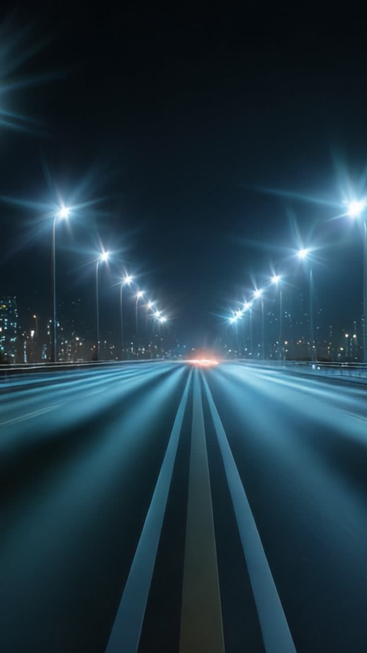 Scena notturna tranquilla di un'autostrada vuota illuminata dai lampioni con uno sfondo urbano moderno, che cattura l'essenza della serenità e del movimento.