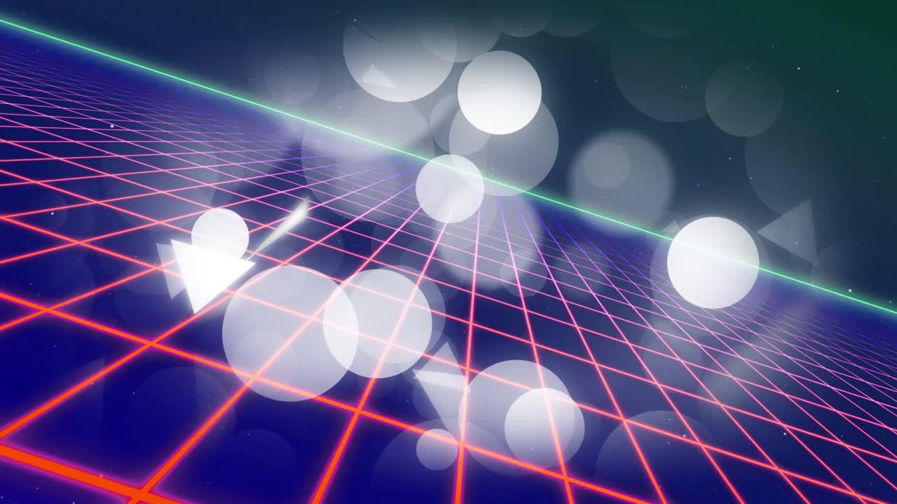 Upon spheres emerging above grid, shapes clustering, drifting, dissolving toward horizon for demo