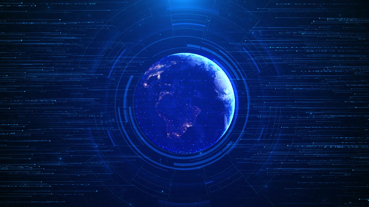 Blue digital earth technology background glowing planet fast data streaks circular hud rings dark