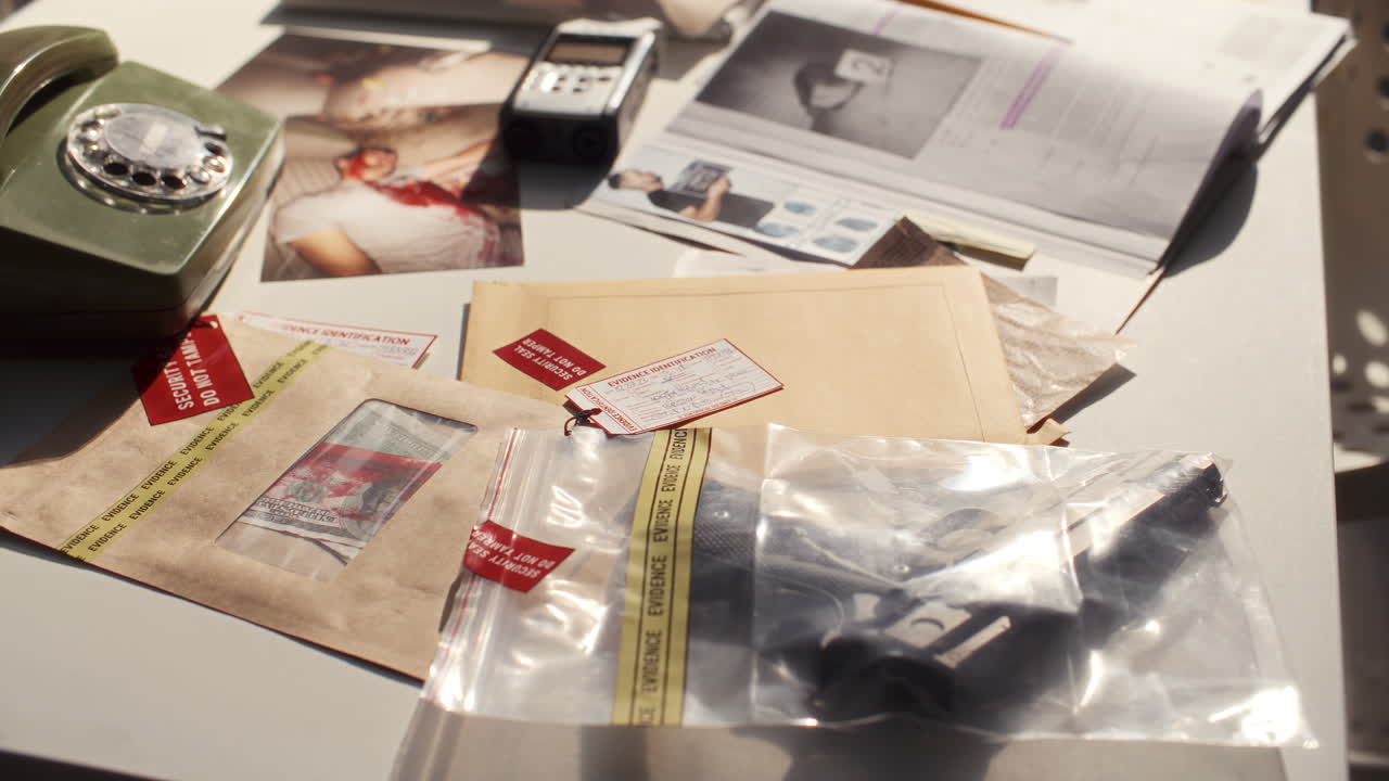 Evidence Bags, Case Documents and Photos on Desk of Investigator