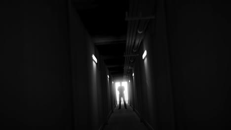 animation of man silhouette standing in dark corridor