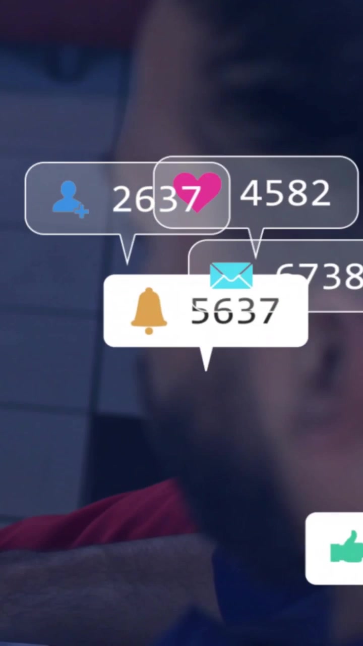 Vertical video: Incoming alert bubbles popping from right, covering man on couch, showing overload