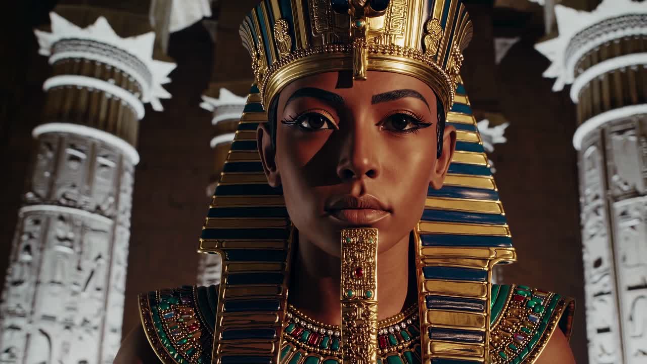 Dramatic low-angle video shot of ancient Egyptian columns, highlighting intricate carvings