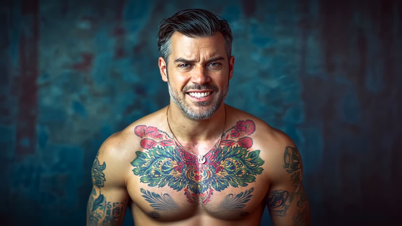 Uomo a torso nudo che sorride a denti stretti, appoggiato e che indica, mostrando gli occhi in studio, con ciondolo e petto tatuato