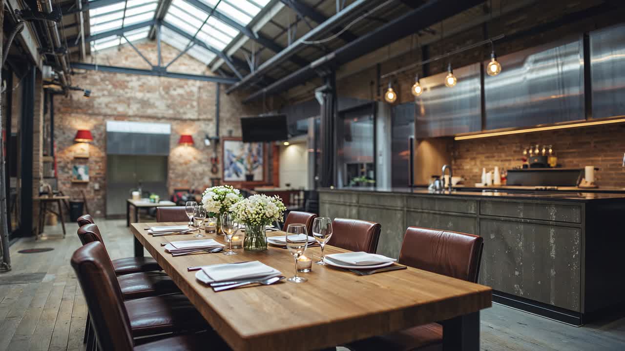 Pushing camera forward, showing long wooden table at loft restaurant, bringing centerpieces closer