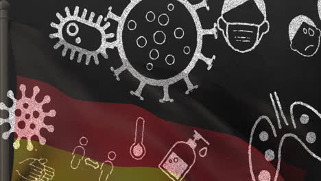 animation of covid 19 virus cells and digital icons over flag of germany