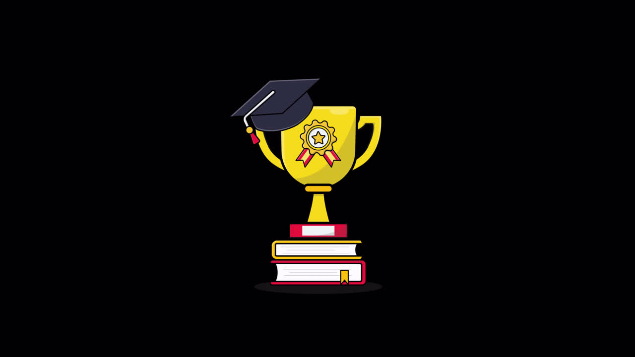 Animated Books Stacking with Trophy and Graduation Cap