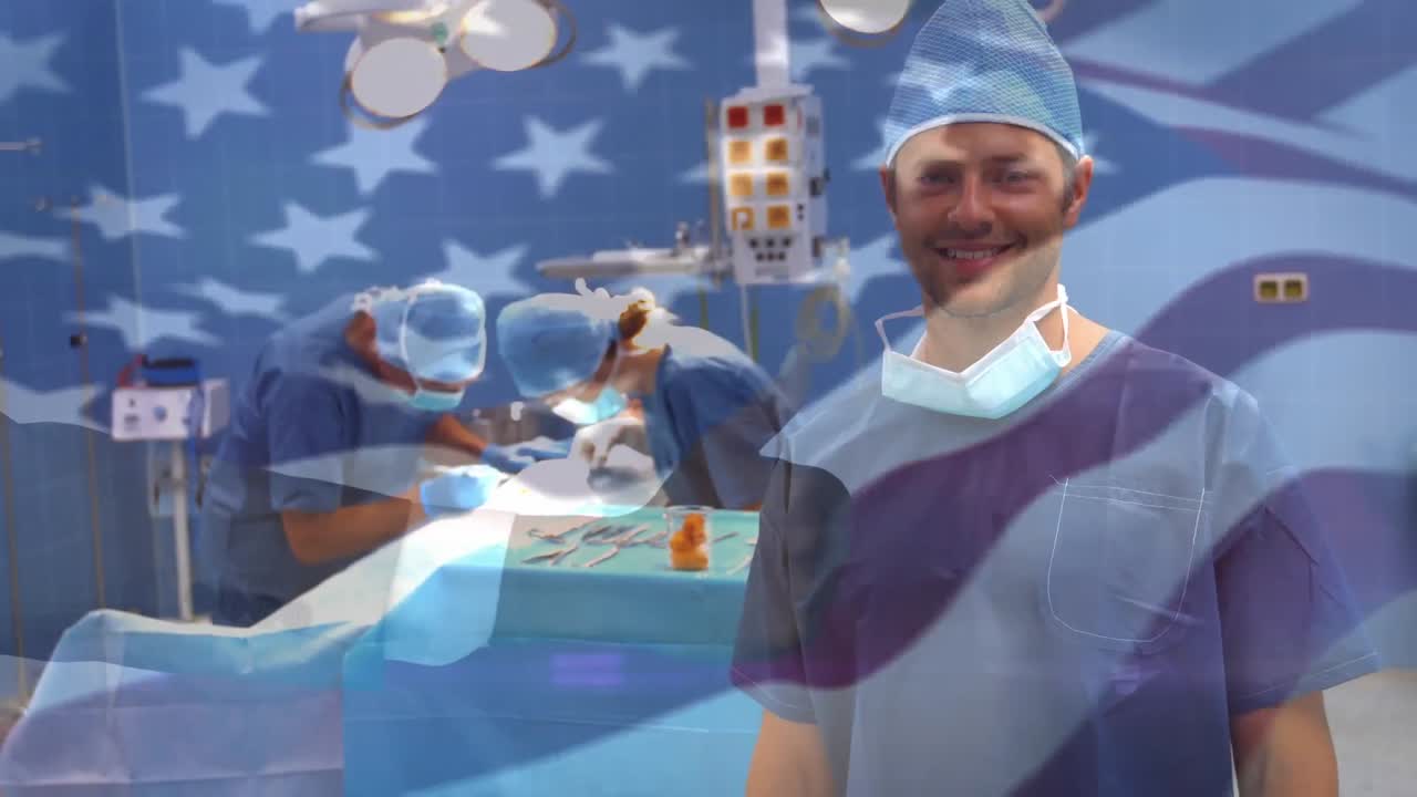 수술실 에서 외과 의사 들 위 에 흔들리는 미국 국기 의 애니메이션