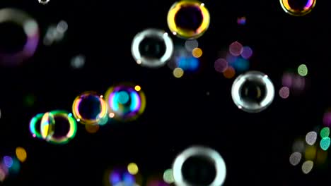 colorful iridescent soap bubbles on a black background