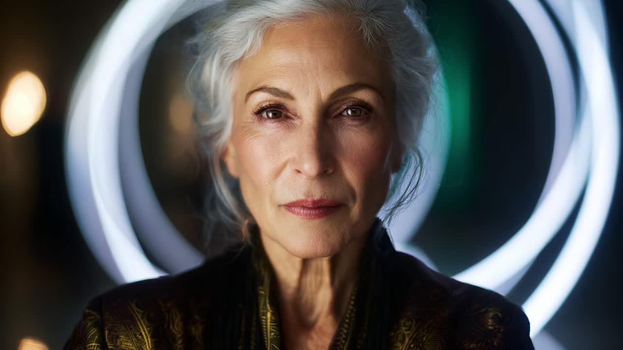 Portrait of an Elegant Elderly Woman with Silver Hair and Graceful Expression, Surrounded by Soft Luminescent Circles, Capturing the Essence of Timeless Beauty and Wisdom in a Modern Setting