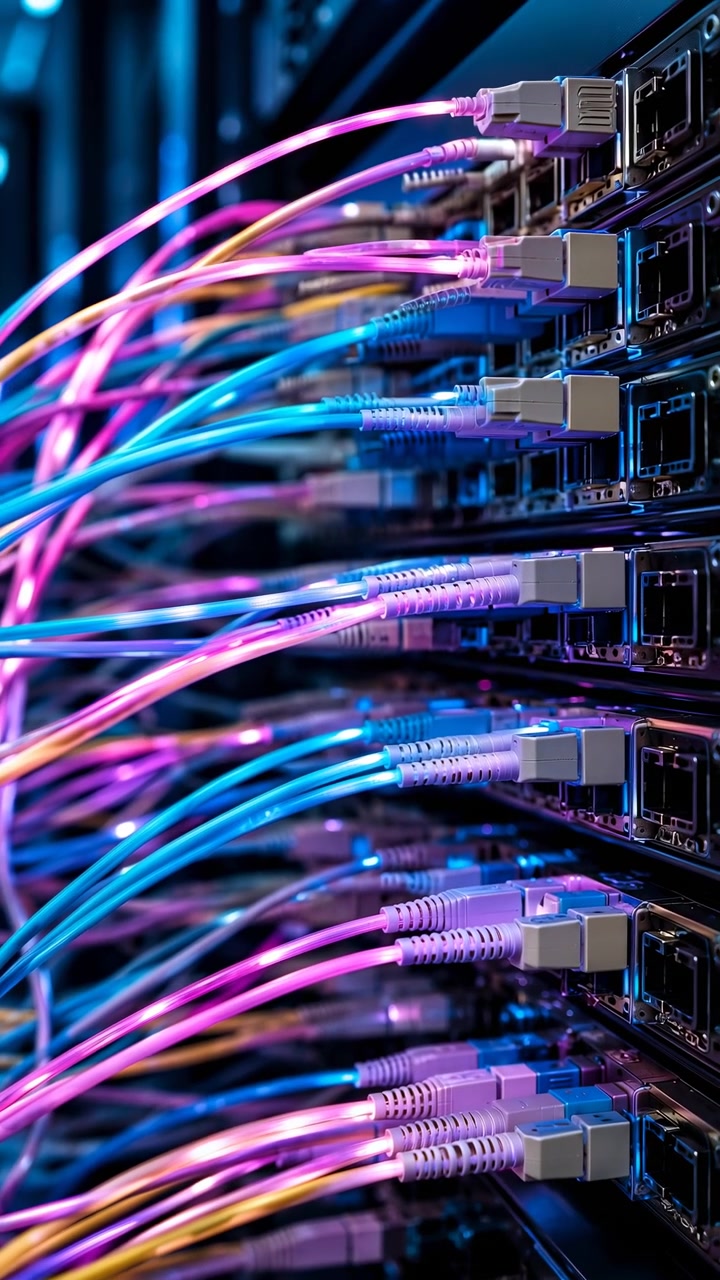 Una vista ravvicinata scorre oltre file di cavi in fibra ottica collegati e hardware di rete nero, rivelando connettori a strati, messa a fuoco selettiva e riflessi saturi ciano, rosa e viola.