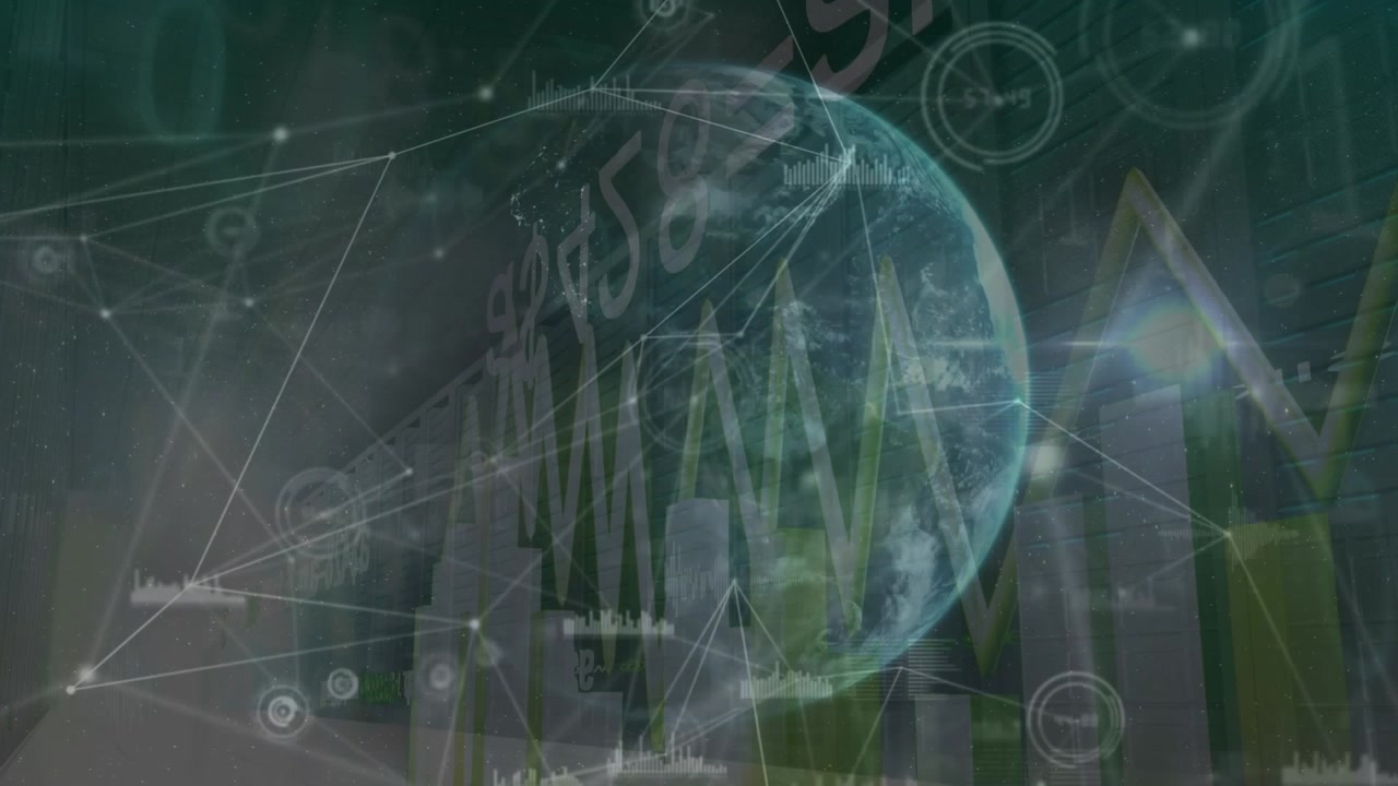 Animation of connections, data and graphs processing on grey digital screen