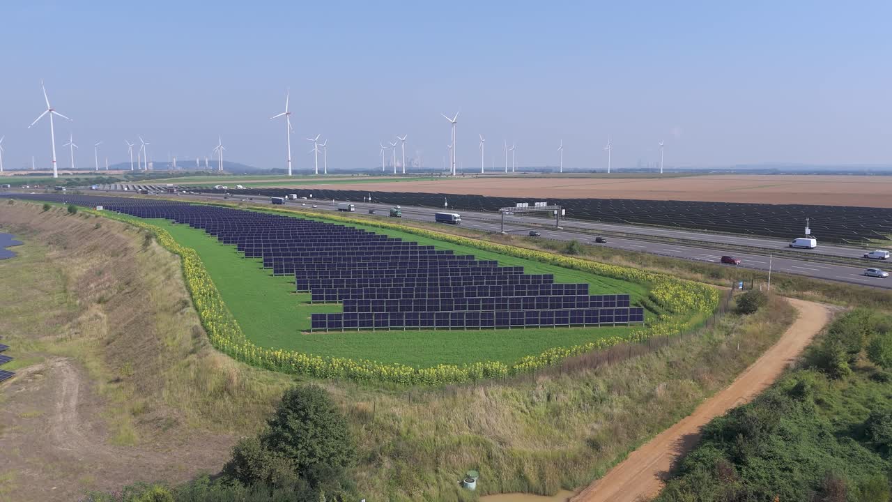 Aerial View of Solar and Wind Farms Near a Highway