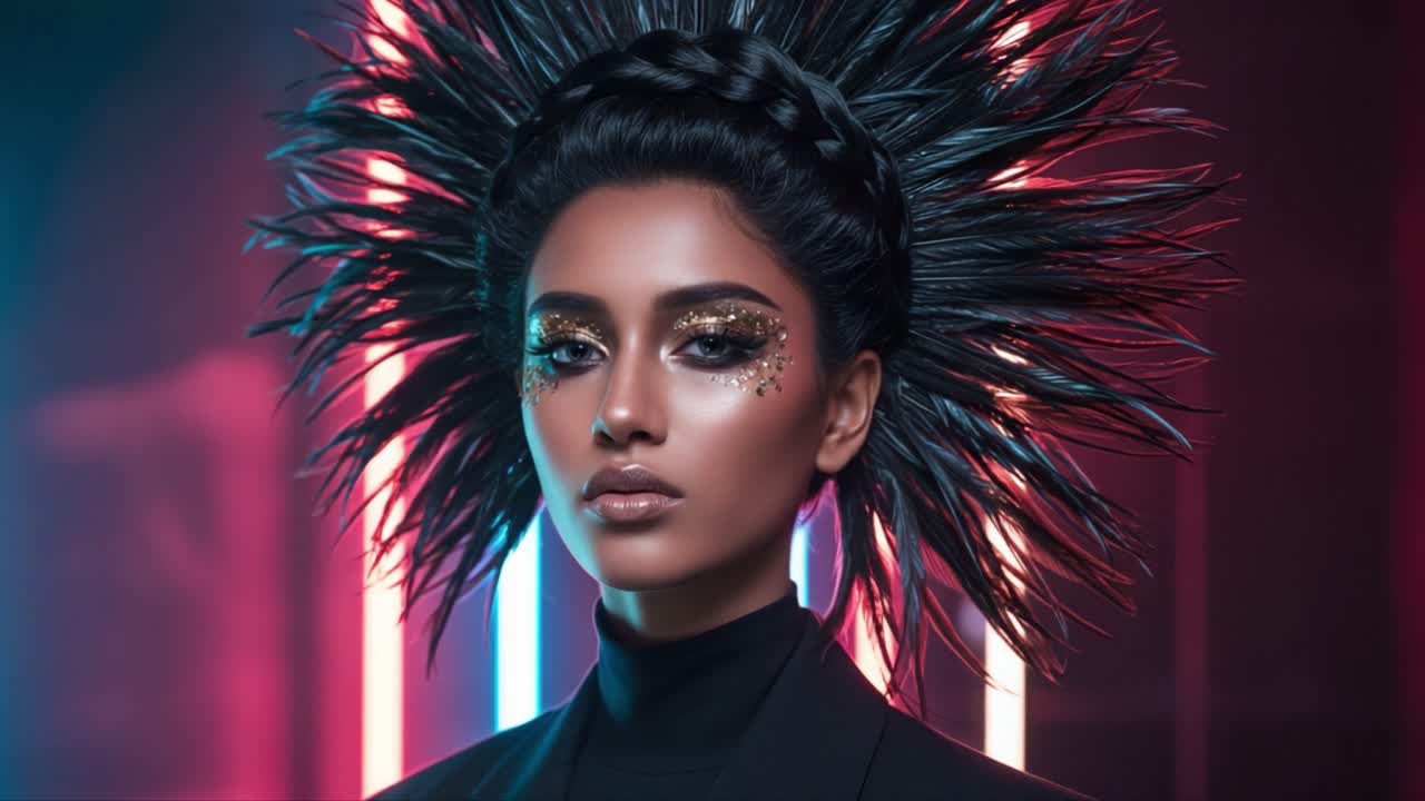 An Exquisite Portrait of a Model Showcasing a Dramatic Hairstyle with Metallic Highlights Against a Vibrant Neon Background, Capturing Unique Beauty and Artistic Expression