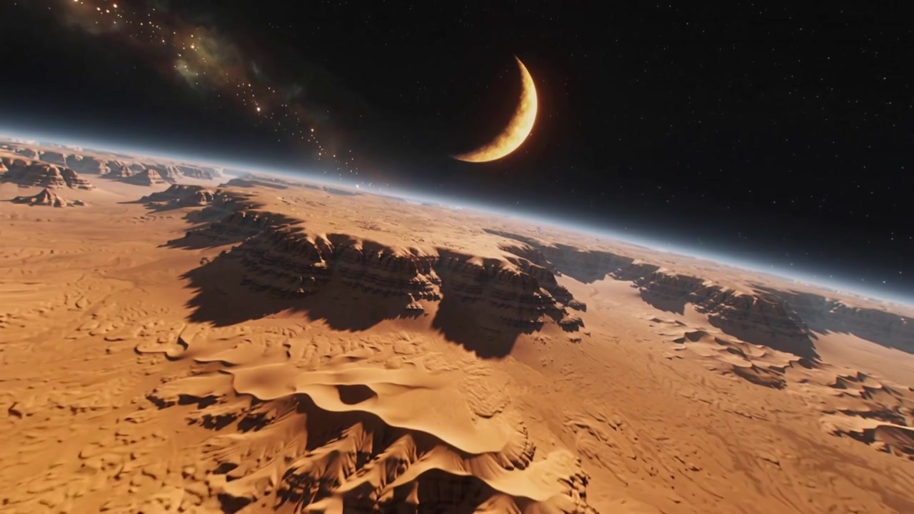 La telecamera si allontana per rivelare una mesa a strati su dune di un pianeta desertico alieno, con luna crescente e fascia galattica.