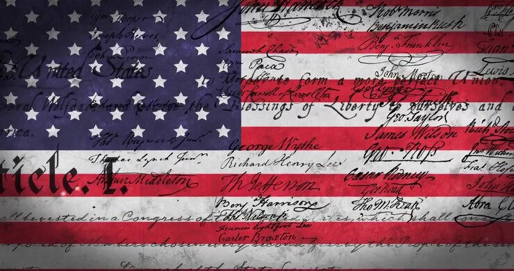 Animation of stars and stripes american flag and declaration of independence