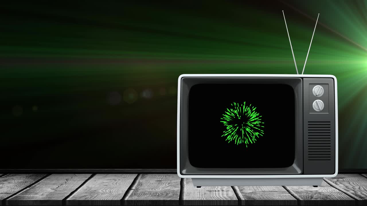 녹색 크리스마스와 새해 불꽃놀이가 스크린에서 폭발하는 레트로 tv 세트의 애니메이션