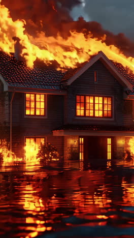 a house is on fire and surrounded by water. the fire is so intense that it is causing the water to rise. the scene is chaotic and dangerous, with the house and its occupants in grave danger
