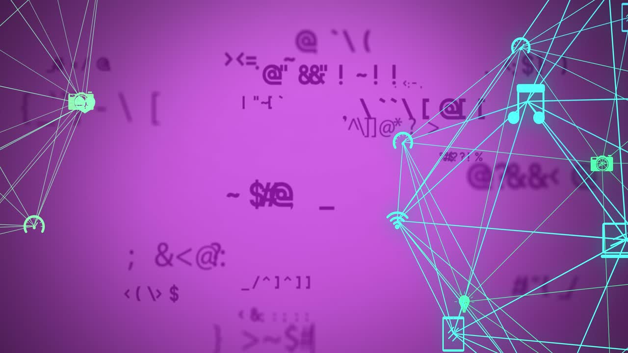 Animation of network of connections with icons and math formulas on pink background