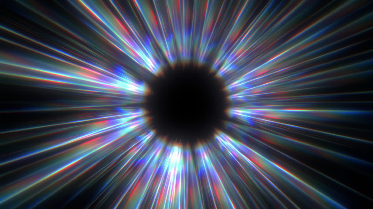 Levende radiale lysstråler, kromatisk aberrasjon, mørkt senter. Looped bevegelseseffekt, warpfart hyperromreise. Høykontrast kinematisk visuell bakgrunn for videoprosjekter.