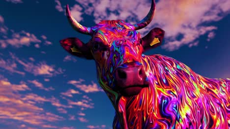 colorful psychedelic cow standing in a field with a vibrant, swirling pattern on its coat, set against a backdrop of a beautiful sky with fluffy clouds