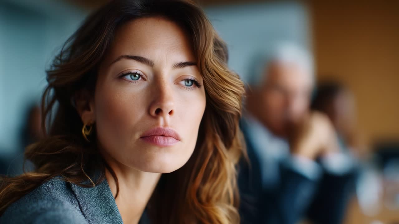 Focused Expression of a Professional Woman in a Business Meeting Setting with Collaborators in the Background during an Engaging Discussion