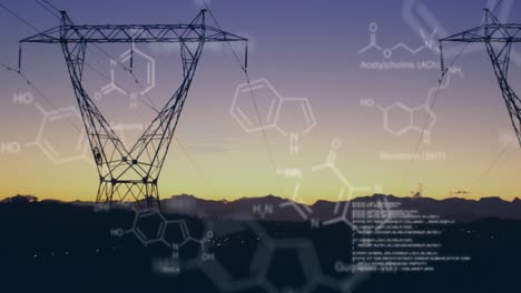 chemical structures with program codes and a background of transmission towers