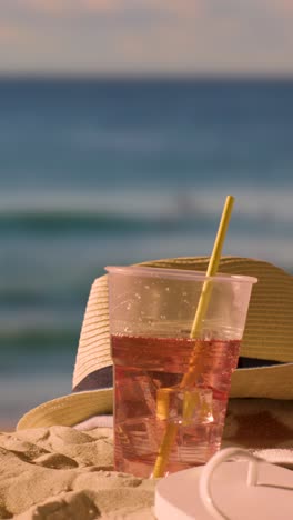 Vertikales-Video-Sommerferienkonzept-Des-Kalten-Getränks-Auf-Strandtuch-Mit-Sonnenhut-Gegen-Abendhimmel