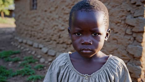 young african child standing motionless in front of traditional mud brick house, showing serious expression reflecting childhood vulnerability and rural community life