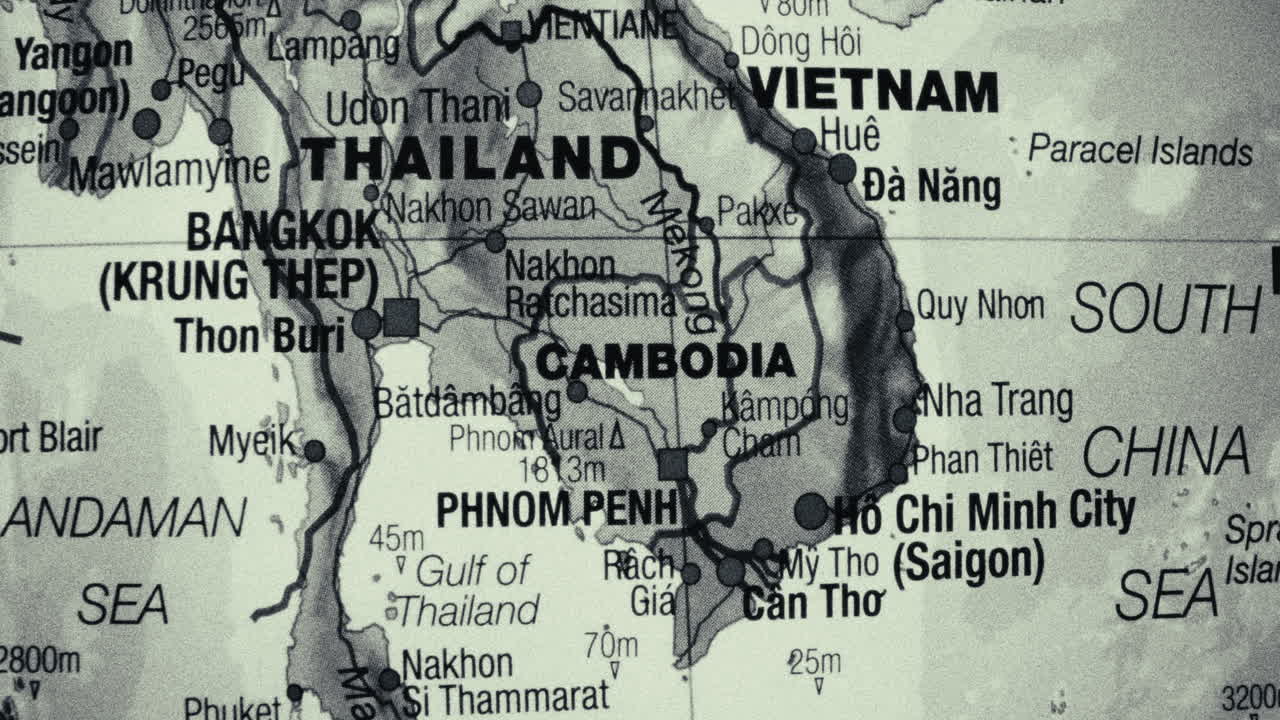 Close-up of a vintage map showing Southeast Asian countries