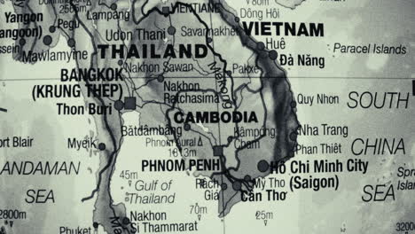 close-up of a vintage map showing southeast asian countries
