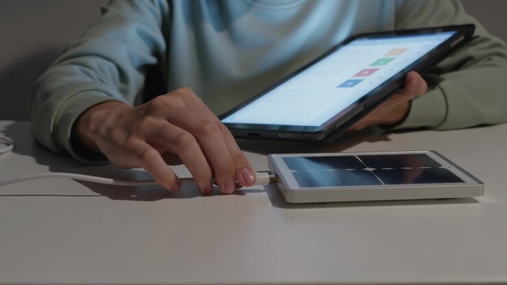 Seeing tablet glowing teen in green sweater reaching, plugging cable into white device for charging